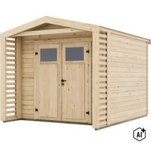Gartenhaus aus Holz mit Doppeltür, Fenstereinsätzen und seitlichen Wandelementen mit Lamellenoptik als Stauraum für den Garten. (Image AI modified or generated)
