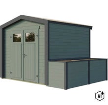 Gartenhaus aus Holz mit Doppeltüren und integriertem Anbau zur Lagerung oder als Hochbeet-Option für den Außenbereich. (Image AI modified or generated)