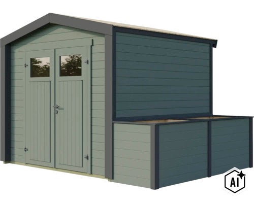 Gartenhaus aus Holz mit Doppeltüren und integriertem Anbau zur Lagerung oder als Hochbeet-Option für den Außenbereich. (Image AI modified or generated)