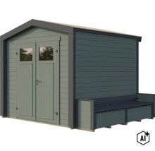 Gartenhaus aus Holz mit Doppeltür, Fenstern und integrierter Sitzbank an der Seitenwand, modernes Design für den Außenbereich. (Image AI modified or generated)