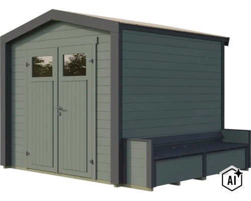 Gartenhaus aus Holz mit Doppeltür, Fenstern und integrierter Sitzbank an der Seitenwand, modernes Design für den Außenbereich. (Image AI modified or generated)