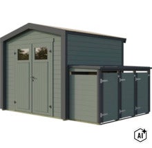 Gartenhaus aus Holz mit integriertem Anbau als Unterstand für Mülltonnen oder Fahrräder mit Doppeltür und Fenstern (Image AI modified or generated)