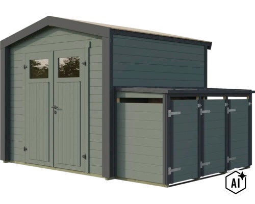 Gartenhaus aus Holz mit integriertem Anbau als Unterstand für Mülltonnen oder Fahrräder mit Doppeltür und Fenstern (Image AI modified or generated)