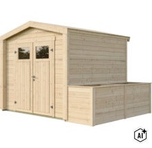 Gartenhaus aus Holz mit Doppeltür, Glasfenstern und seitlichem Anbau für Gartengeräte oder als Hochbeet-Bereich. (Image AI modified or generated)