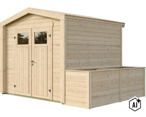 Gartenhaus aus Holz mit Doppeltür, Glasfenstern und seitlichem Anbau für Gartengeräte oder als Hochbeet-Bereich. (Image AI modified or generated)