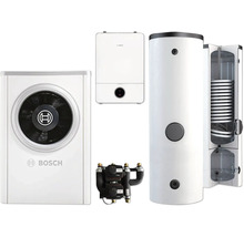 Bosch Wärmepumpen-Set bestehend aus Außeneinheit, wandhängender Inneneinheit, Warmwasserspeicher und Pumpengruppe.