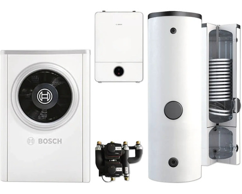Bosch Wärmepumpen-Set bestehend aus Außeneinheit, wandhängender Inneneinheit, Warmwasserspeicher und Pumpengruppe.