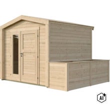 Gartenhaus aus Holz mit Doppeltür, einem Glaselement und angebautem Pflanzkasten (Image AI modified or generated)