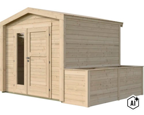 Gartenhaus aus Holz mit Doppeltür, einem Glaselement und angebautem Pflanzkasten (Image AI modified or generated)