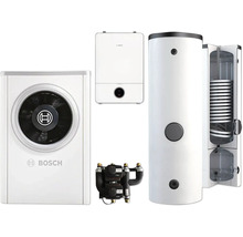 Bosch Luft-Wasser-Wärmepumpen-Set mit Außeneinheit, Inneneinheit, Warmwasserspeicher und Montagezubehör.