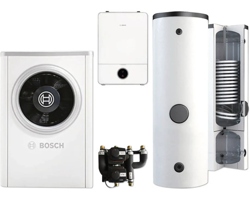 Bosch Luft-Wasser-Wärmepumpen-Set mit Außeneinheit, Inneneinheit, Warmwasserspeicher und Montagezubehör.