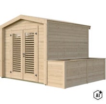 Gartenhaus aus Holz mit Doppeltür und integrierter Pflanzkiste für den Gartenbereich (Image AI modified or generated)