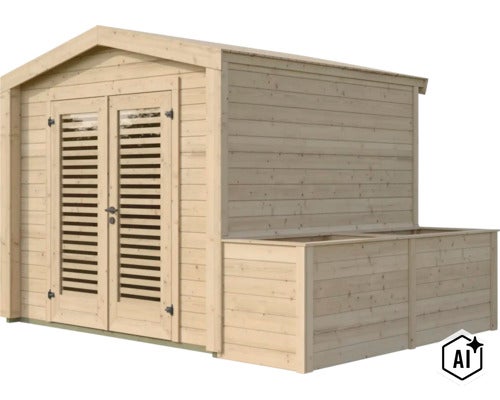 Gartenhaus aus Holz mit Doppeltür und integrierter Pflanzkiste für den Gartenbereich (Image AI modified or generated)
