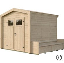 Gartenhaus aus Holz mit Doppeltür und integrierter Sitzbank im modernen Design für den Außenbereich. (Image AI modified or generated)