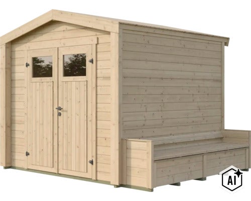 Gartenhaus aus Holz mit Doppeltür und integrierter Sitzbank im modernen Design für den Außenbereich. (Image AI modified or generated)