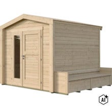 Gartenhaus aus Holz mit Satteldach, Doppeltür mit Glaseinsatz und angebauter Sitzbank an der Seitenwand. (Image AI modified or generated)