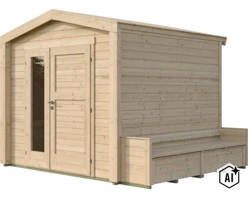 Gartenhaus aus Holz mit Satteldach, Doppeltür mit Glaseinsatz und angebauter Sitzbank an der Seitenwand. (Image AI modified or generated)