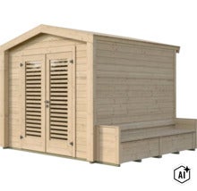 Gartenhaus aus Holz mit Doppeltür und integrierter Sitzbank an der Seitenwand (Image AI modified or generated)