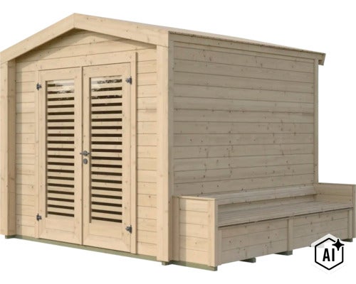 Gartenhaus aus Holz mit Doppeltür und integrierter Sitzbank an der Seitenwand (Image AI modified or generated)