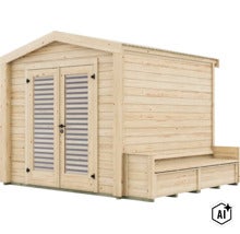 Gartenhaus aus Massivholz mit Doppelflügeltür und seitlicher Sitzbank (Image AI modified or generated)