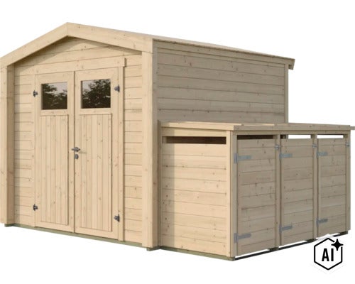 Gartenhaus aus Holz mit Doppeltür und integriertem Anbau für Kaminholz oder Fahrräder (Image AI modified or generated)
