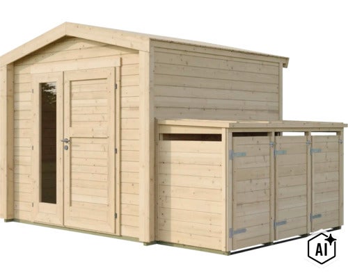 Gartenhaus aus Holz mit integriertem Anbau als Unterstand oder Lagerfläche (Image AI modified or generated)