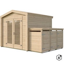 Gartenhaus aus Holz mit Doppeltür und integriertem Anbauschrank zur Lagerung von Gartengeräten oder Mülltonnen. (Image AI modified or generated)