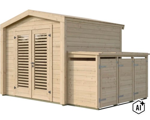 Gartenhaus aus Holz mit Doppeltür und integriertem Anbauschrank zur Lagerung von Gartengeräten oder Mülltonnen. (Image AI modified or generated)