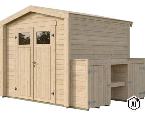 Gartenhaus aus Holz mit Doppeltür und seitlichem Anbau mit Regalfächern (Image AI modified or generated)