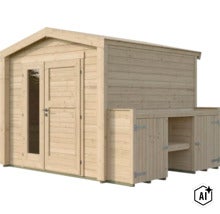 Gartenhaus aus Holz mit Doppeltür und integriertem Anbau für zusätzlichen Stauraum (Image AI modified or generated)