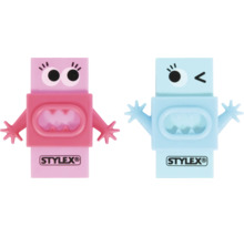 Zwei monsterförmige Radiergummis in Pink und Blau von Stylex mit Armen, Gesichtern und Stylex Logo.