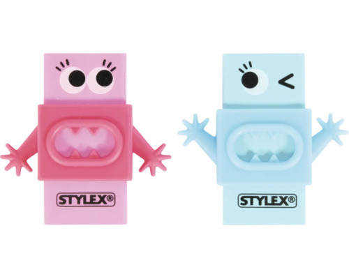 Zwei monsterförmige Radiergummis in Pink und Blau von Stylex mit Armen, Gesichtern und Stylex Logo.