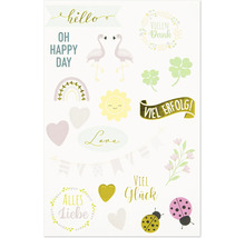 Set dekorativer Aufkleber mit Motiven wie Flamingos, Kleeblättern, Sonne und Herzen sowie Glückwünschen auf Deutsch und Englisch.