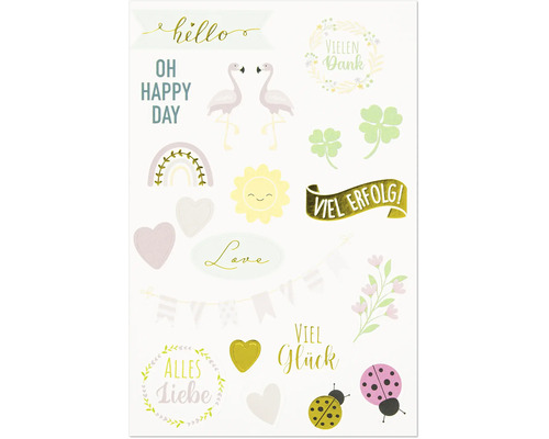 Set dekorativer Aufkleber mit Motiven wie Flamingos, Kleeblättern, Sonne und Herzen sowie Glückwünschen auf Deutsch und Englisch.