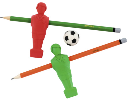 Zwei Stylex Bleistifte mit Radiergummis in Form von Tischfußball-Spielfiguren und einem Fußball.