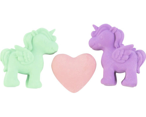 Einhorn-Set bestehend aus einer hellgrünen und einer lila Einhorn-Figur mit Flügeln sowie einem rosa Herz.