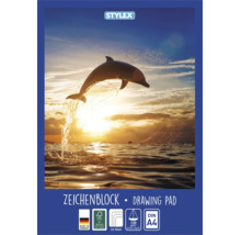Stylex Logo, Zeichenblock Format A4 mit Delfinmotiv, 20 Blatt, 120 Gramm pro Quadratmeter, extra stark, FSC zertifiziert, Hergestellt in Deutschland.