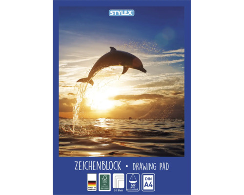Stylex Logo, Zeichenblock Format A4 mit Delfinmotiv, 20 Blatt, 120 Gramm pro Quadratmeter, extra stark, FSC zertifiziert, Hergestellt in Deutschland.