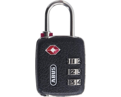 ABUS TSA-Zahlenschloss mit ABUS Logo, dreistelligem Zahlencode und Metallbügel.