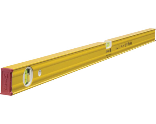 Gelbe Stabila Wasserwaage aus Aluminium mit Libellen und roten Endkappen.