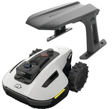 Moderner Mähroboter mit Kamera und passender Garage für die Ladestation.