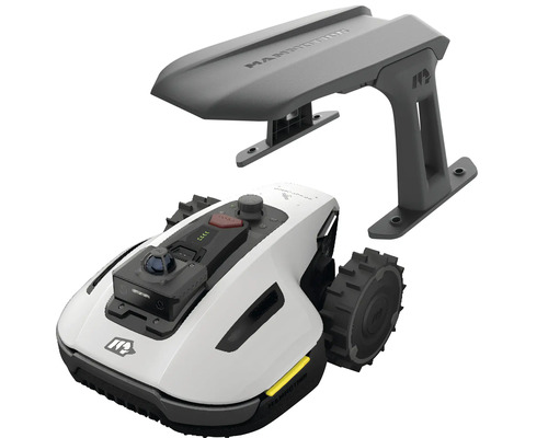 Moderner Mähroboter mit Kamera und passender Garage für die Ladestation.