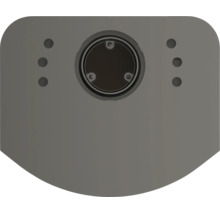 Graue Montageplatte aus Metall mit zentraler runder Öffnung und sechs Befestigungslöchern.