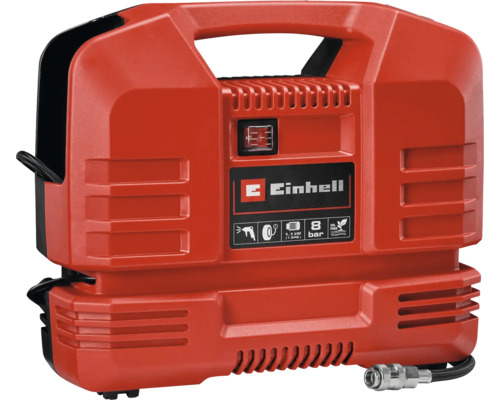 Tragbarer Einhell Kompressor, Maximaldruck 8 bar, Leistung 1,1 Kilowatt, ölfrei, integrierter Tragegriff und Druckluftschlauchanschluss.