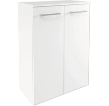 Weißer Badunterschrank mit zwei Türen und silberfarbenen Griffen.
