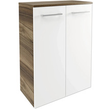Badezimmerschrank mit zwei weißen Türen, Korpus in Holzoptik und silbernen Griffen.