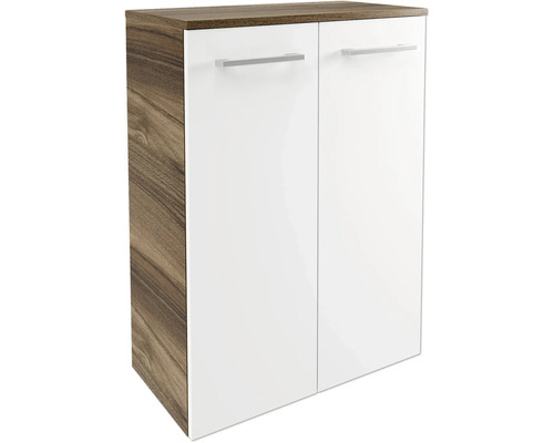 Badezimmerschrank mit zwei weißen Türen, Korpus in Holzoptik und silbernen Griffen.