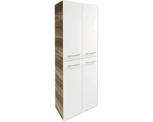 Hochschrank für das Badezimmer mit vier Türen, Korpus in Holzoptik und glänzender Front.