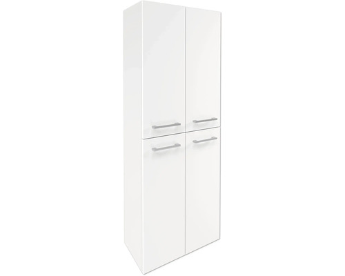 Weißer Badezimmer-Hochschrank mit vier Türen und silberfarbenen Stangengriffen.