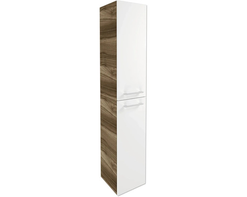 Badhochschrank mit zwei weißen Fronten, Korpus in Holzoptik und silberfarbenen Griffen.